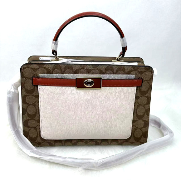 Coach Lane Carryall Crossbody In Colorblock Signature Canvas Khaki Chalk C8208 - Picture 1 of 10